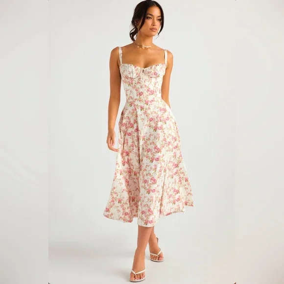 NWT HOUSE OF CB CARMEN Rose Print Bustier Sundress. Size XL